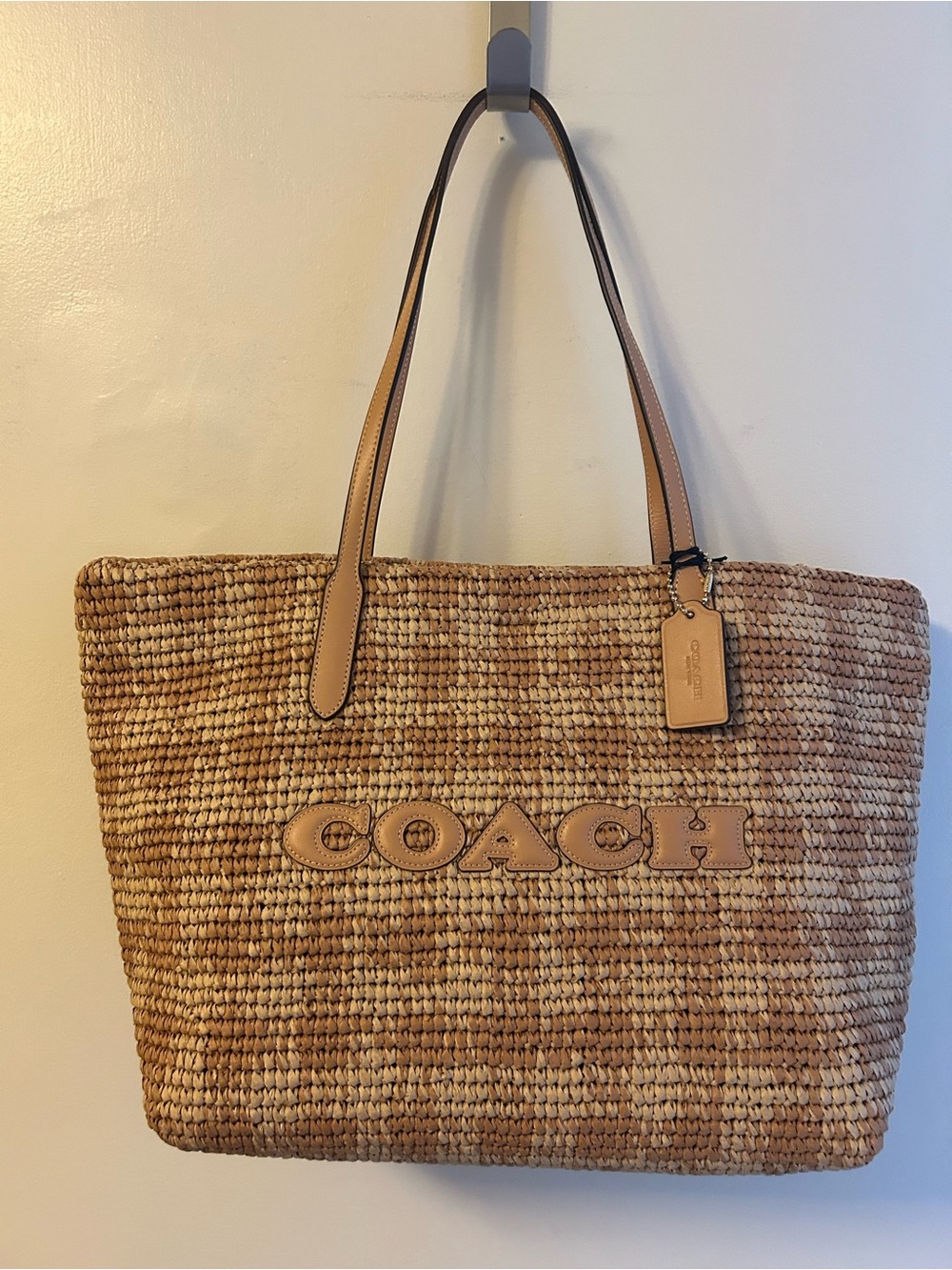 Coach Woven Straw Tote in Tan and Natural